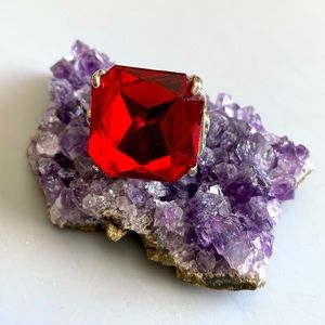 Red Glass and Silvertone Statement Adjustable Fashion Ring.